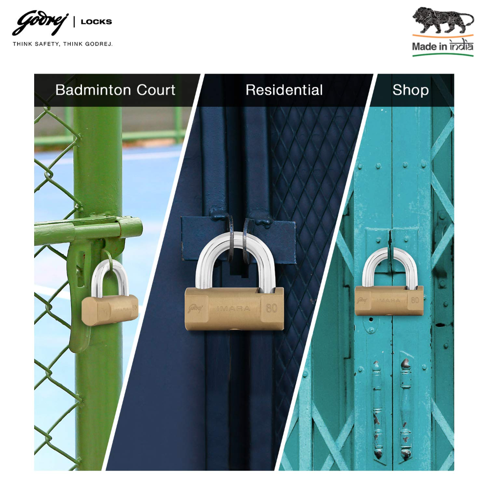 Godrej Locks I Godrej Imara 80 mm I 3 Keys I For Shutters, Grills & Main Doors I Brass Finish | 1 Years Warranty